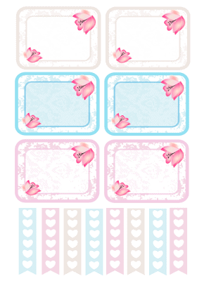 Printable planner stickers in blue, pink and cream. Pink petals decorate the corners of the stickers and the smaller stickers are small white white hearts. 