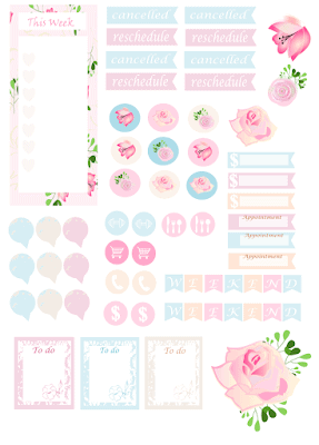 Free weekly planner sticker printables in pink, cream and blue. Some stickers say "This week" while others say "reschedule." Some are pictures of flowers and others are circles with grocery carts or silverware. You can download these floral planner stickers on Abbi Kirsten's site. 