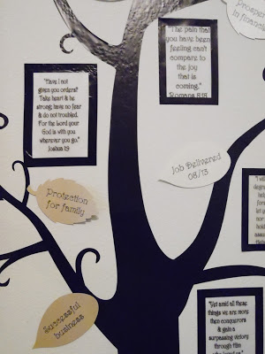 A close up look at the prayer tree decal applied to the wall, with framed Bible verses and prayers written on to paper leaves.