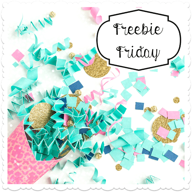 Freebie Friday is written in script above a tabletop covered in bright paper confetti. 