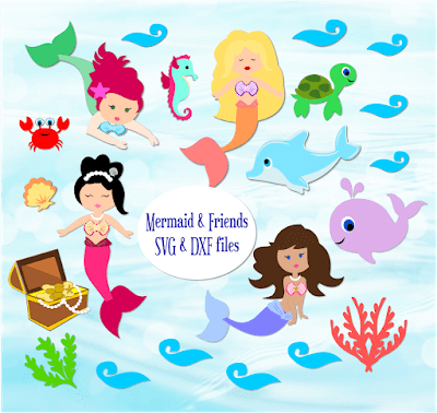 Mermaids, whales, crabs, and fish made from free mermaid SVG cut files swim and play among coral and treasure chests. Every object is made from paper and SVG cut files. 