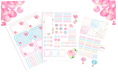 Three sheets of pink, white, and baby blue planner stickers on a white background with pink flower petals in the upper corners. Download your free pink floral planner stickers to decorate your planner and notebooks. Use sticker paper to print then cut your free stickers. 