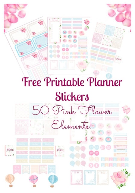 A graphic in white, pink and baby blue with purple text in the center that reads "free printable planner stickers 50 pink flowers elements!" In the background are planner stickers and pink petals. 