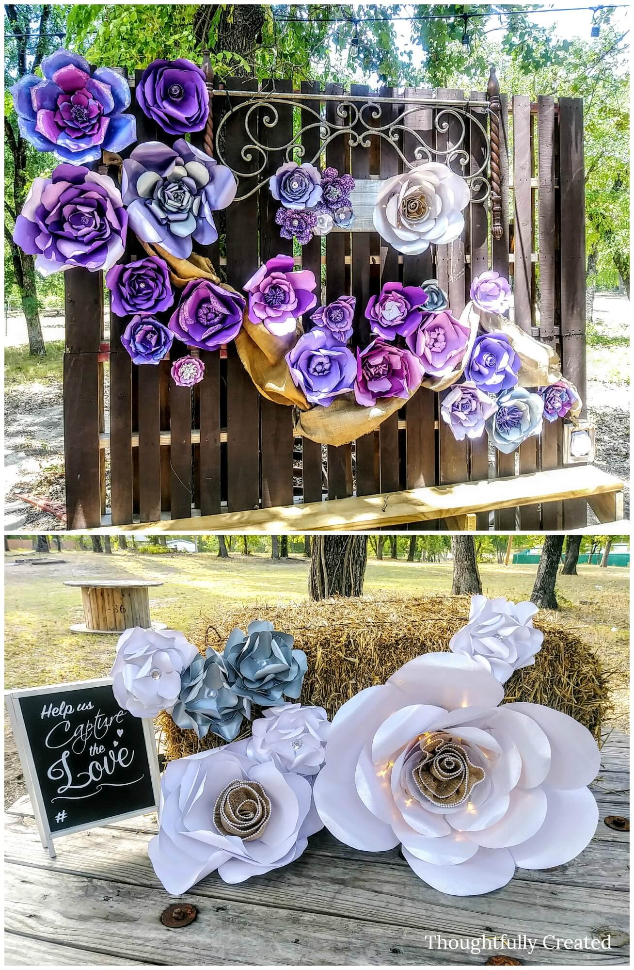 A collage of two paper flower backdrops. The top photo features paper flowers in various shades of blue and purple hanging on a wooden fence. The bottom photo features mostly white flowers, all giant and arranged around hay bales. The largest flower has white fairy lights wrapped around it.