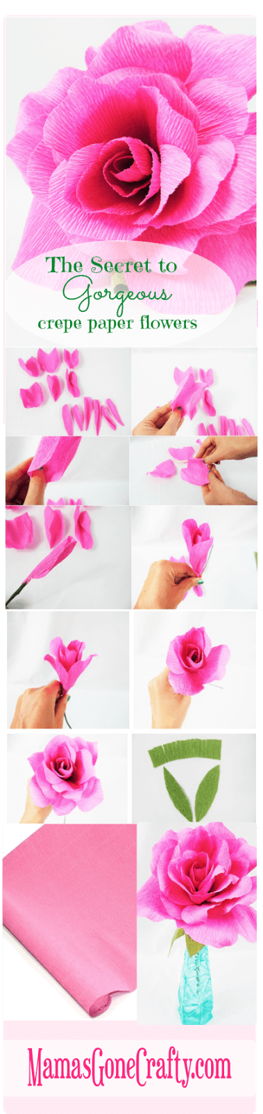 A collage of images showing how to make crepe paper roses step by step with pink crepe paper.