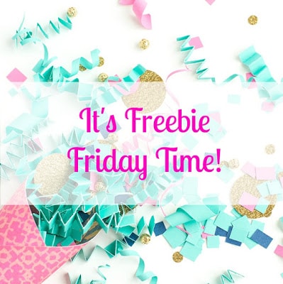 Green crinkled paper and gold confetti provide the background for the text which reads, "It's Freebie Friday Time! 