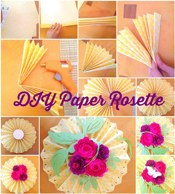 The image shows a collage of steps to make easy DIY paper fan rosettes for party decorations. 