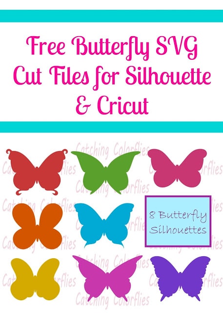 The pink text above rainbow-colored butterflies of varying designs says, "Free Butterfly SVG Cut Files for Silhouette & Cricut."
