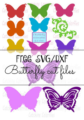 The text "Free SVG/DFX Butterfly cut files" is written over a background of varying solid-colored butterfly graphics. 