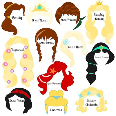A graphic of the SVG cut files of all the princess paper wigs and hairpieces each with a princess name label. 