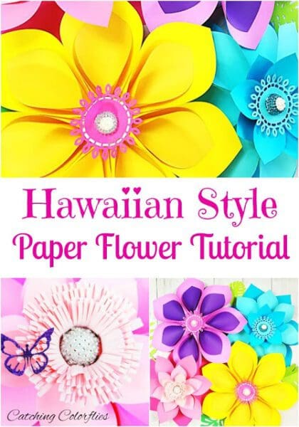 DIY Hawaiian paper flowers. How to make tropical paper flowers for summer party decorations. Download the flower template printables or SVG cut files for your Cricut. 