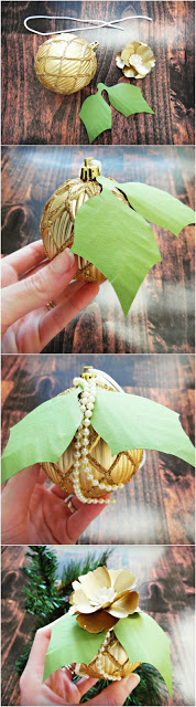 A four-panelled strip of photos show the supplies needed for jazzing up a gold latticed spherical ornament: two paper leaves, a gold paper flower, a string, and a small string of pearls. The three remaining photos show the progression of the ornament as each piece is added. 