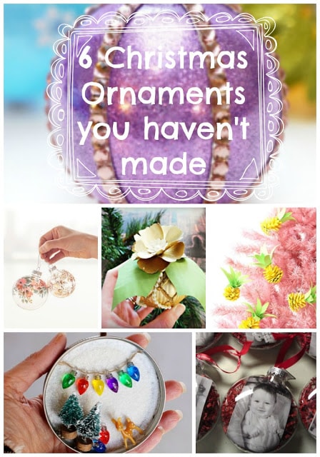 A six-panelled graphic showing different ways Christmas ornaments can be altered to become more exciting. This includes adding paper flowers, a winter scene with miniatures, pictures and temporary tattoos. The text on the top photo says, "6 Christmas ornaments you haven't made."