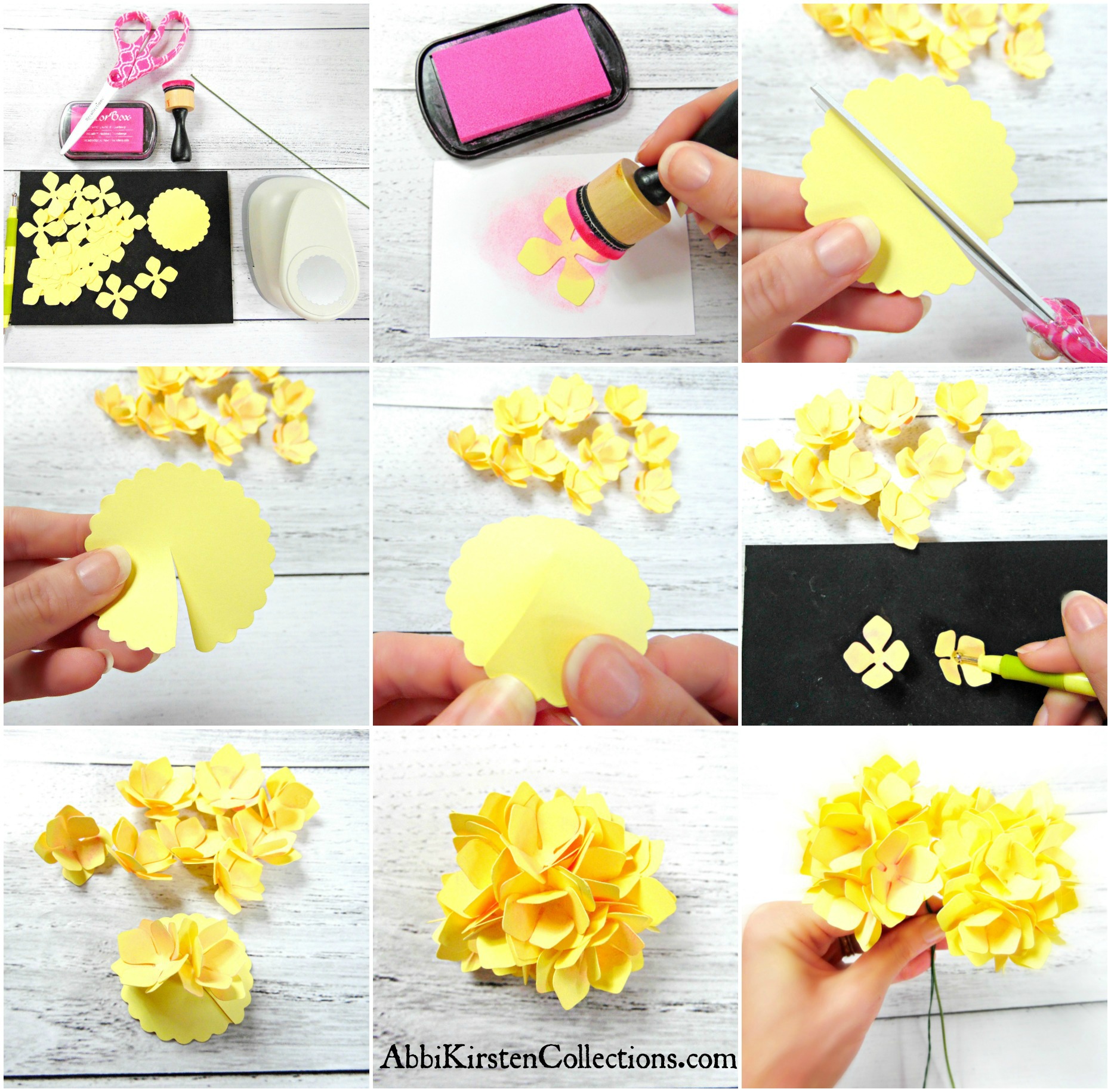 A nine-picture grid showing the steps needed to make a hydrangea summer paper flower craft. Abbi Kirsten's hand cuts and shapes yellow paper into petals and glues them together to make a single-stemmed hydrangea. 