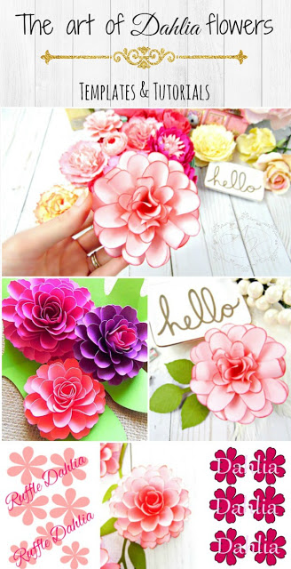 A collage of paper ruffle dahlia flowers made from different shades of pink and purple paper. Text across the image reads, "The Art of Dahlia Flowers: Templates & Tutorials."
