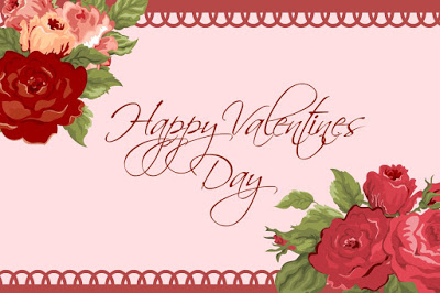 A printable Valentine's Day gift tag has red roses in the upper left and lower right corners. Red text in the center of a pink background says, "Happy Valentine's Day" in a romantic script. 