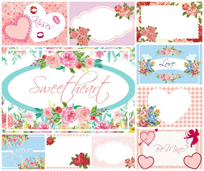 A graphic featuring multiple pictures of the free Valentine's Day gift tags you can print and cut. A large tag says, "Sweetheart," while another says "Be Mine." 