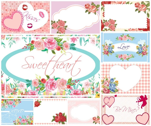 A graphic of many types of vintage-like Valentine's Day tags you can print and cut. Many of the gift tags have pastel flowers, red checkered backgrounds, and words of affection like "Sweetheart" and "Be Mine."