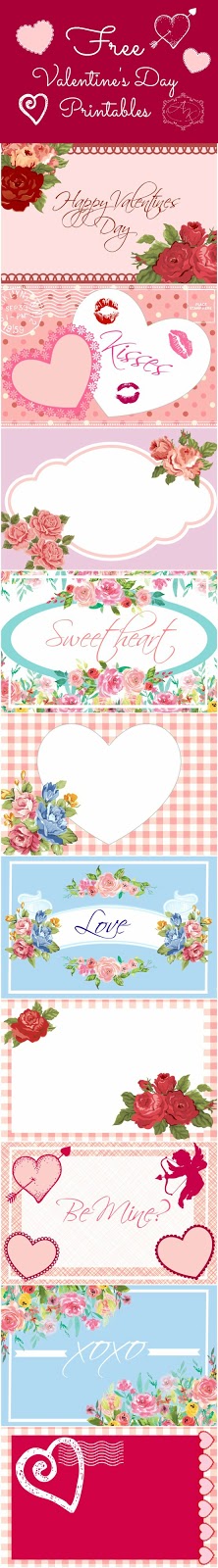 A photo strip of multiple Valentine's Day gift tag designs. Some tags are decorated with hearts or flowers, and some have expression on them like "be mine" and "Happy Valentine's Day."