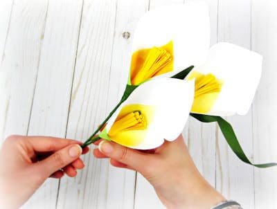 Over a white wooden tabletop, Abbi Kirsten assembles the stems of the paper calla lilies, ready for spring celebrations. 