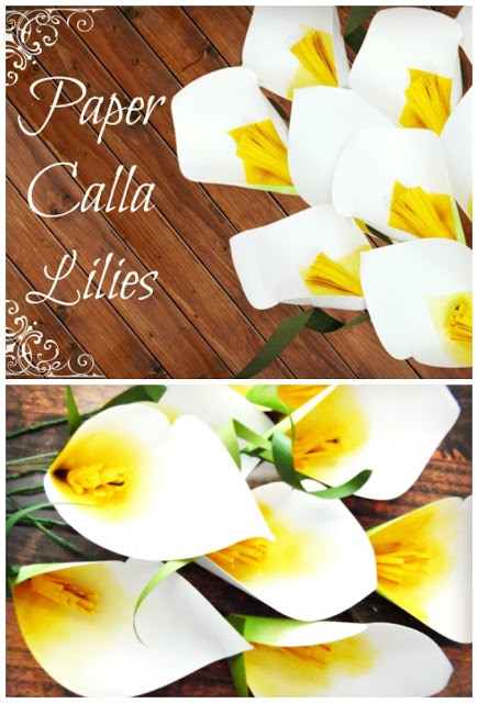 Paper calla lilies in white script text on the left of the papercraft lilies on a wooden top. The bottom shows a closer look at a bouquet of paper lilies. 