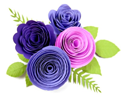 Blue and purple paper rosette flowers with green leaves.