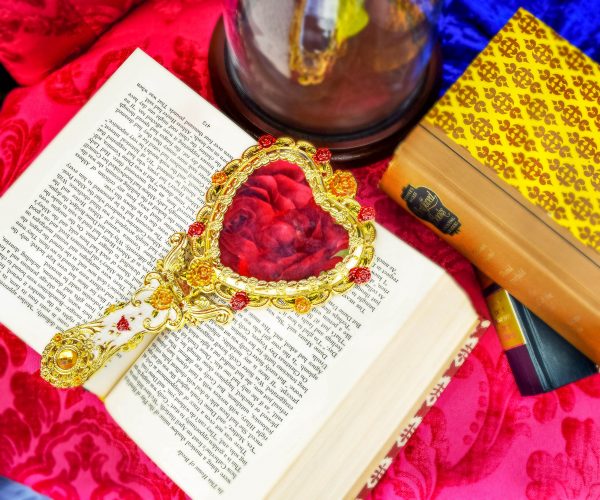 Beautiful gold hand mirror reflecting red paper roses set on top of a vintage book. 