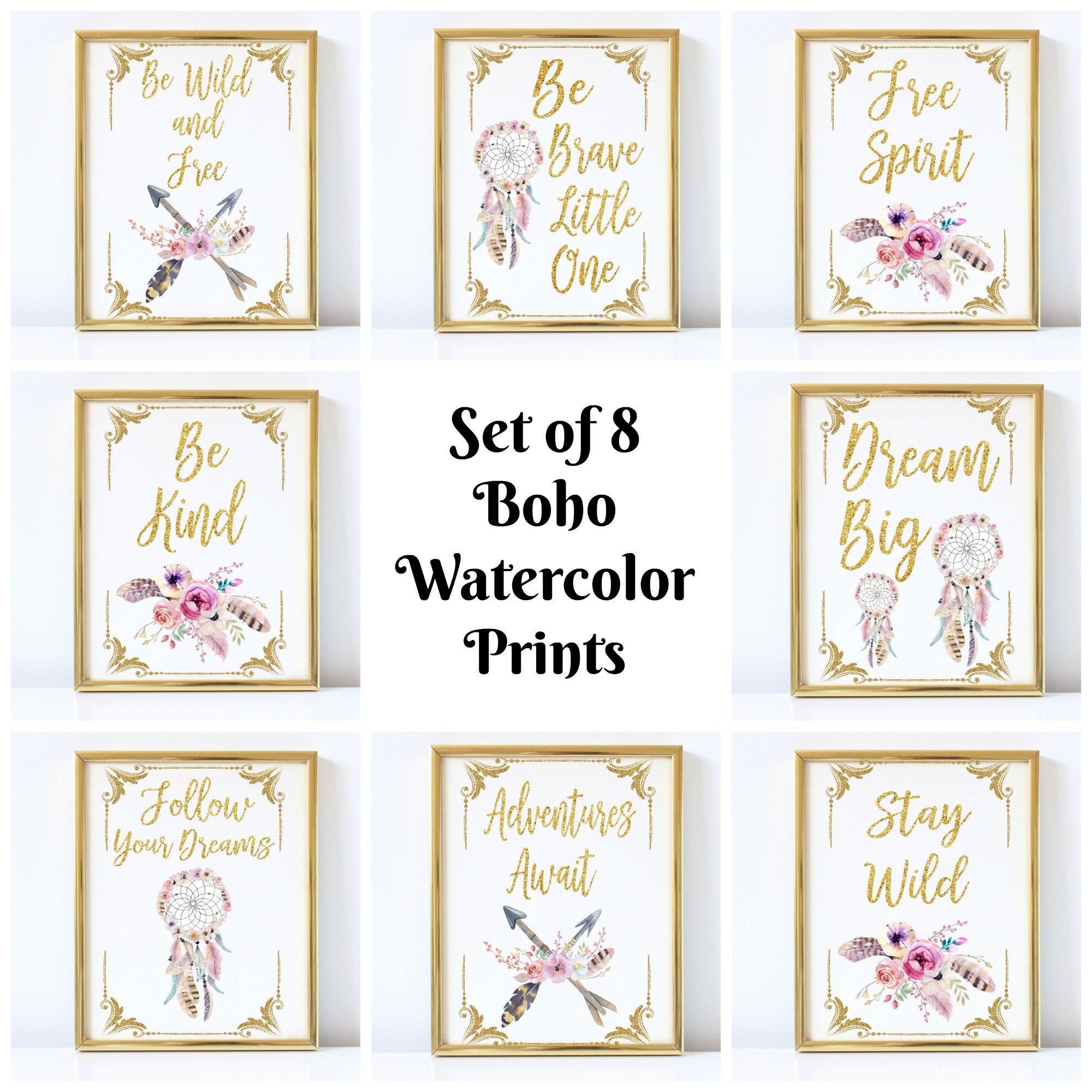 A collage of 8 watercolor bobo-themed prints, each in a gold frame with gold lettering and a colorful watercolor design.