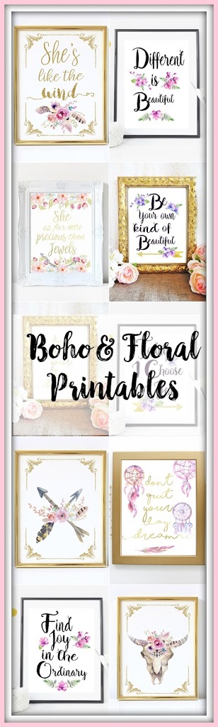 A collage of different art prints framed in different picture frames, with watercolor boho-style illustrations on each print. Text across the center of the image says "boho & floral printables"