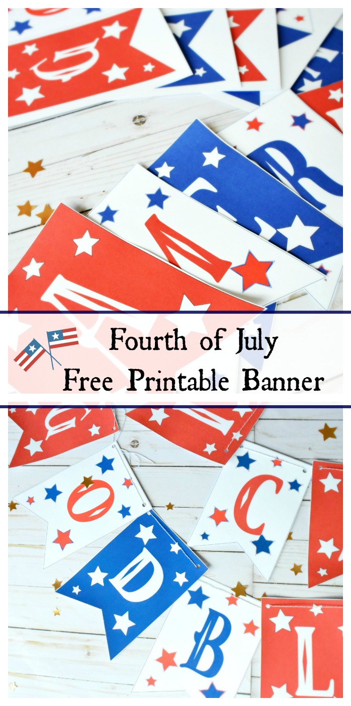 A festive Patriotic 4th of July banner is made from red, white, and blue banner flags that say "god bless America" and are decorated with stars.