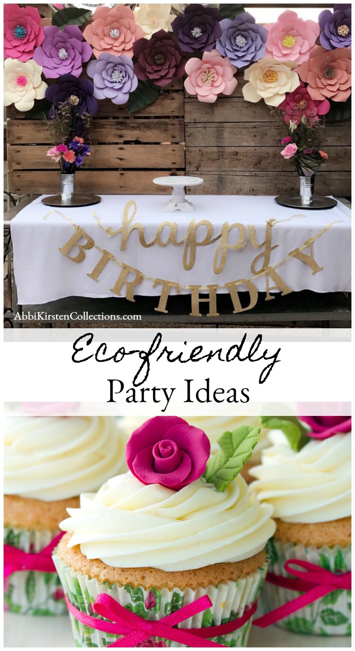 A collage of two images. The top image is of a buffet table with flowers and a happy birthday banner. A colorful paper flower banner hangs on the wooden wall. The bottom image is of cupcakes with frosting and fondant roses on top.