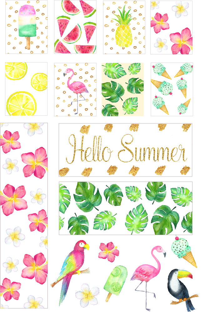 A sheet of summer-themed stickers includes cute graphics like summer fruits, tropical flowers, flamingos, birds, and ice cream cone patterns.