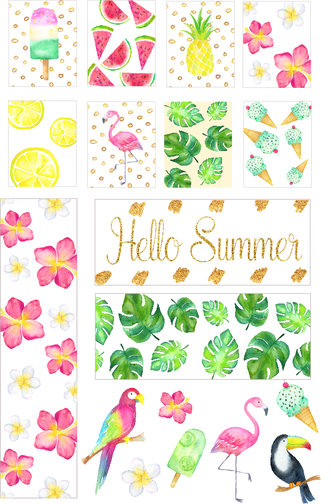 A page of water-colored illustrations of tropical summer items turned into stickers. Images include popsicles, watermelons, flamingos, flowers, leaves, and birds. 