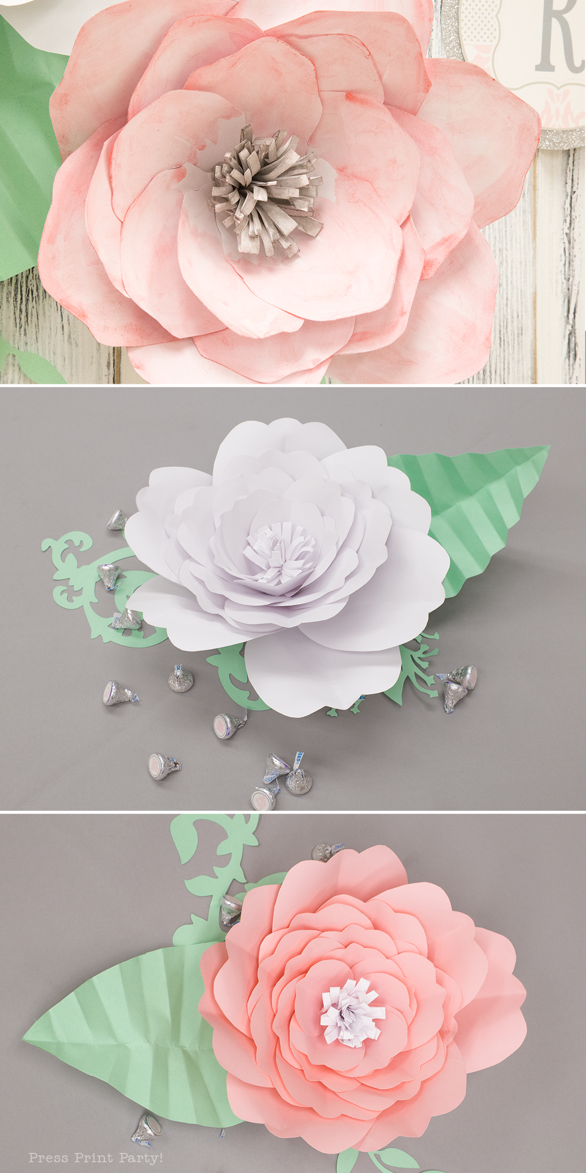 A three-picture graphic showing three different paper flowers you can make for any special occasion. The top and bottom pictures feature two pink paper roses, and the center picture shows a white paper flower with paper leaves. 
