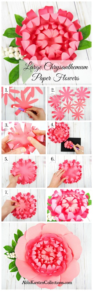 A collaged images details all the steps to make a large pink paper Chrysanthemum flower from start to finish.