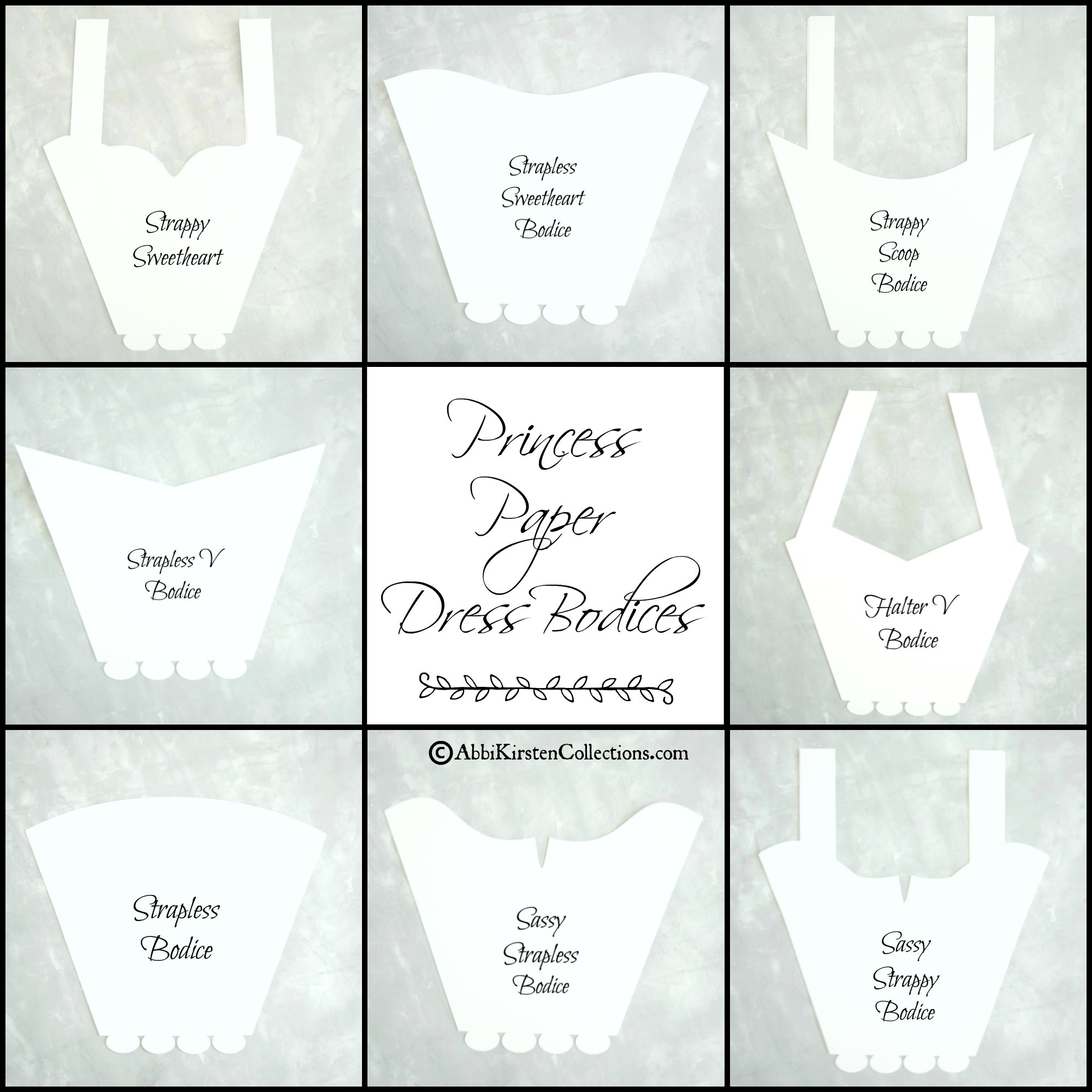 A collage of 8 images of different shaped paper dress bodice templates made from white paper.