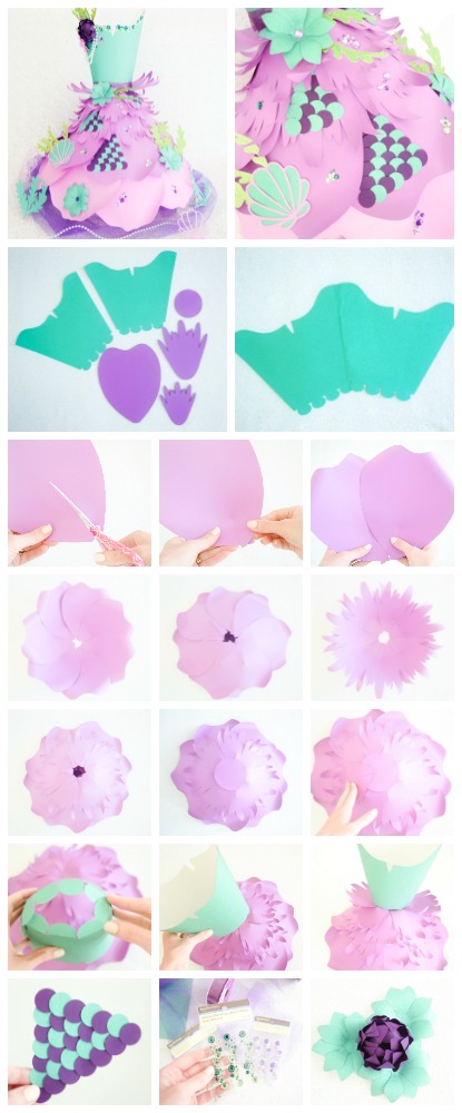 A collage of images showing all the steps to make a green and purple mermaid themed paper dress, from cutting the templates to creating the dress bodice, skirt, and applying decorations.