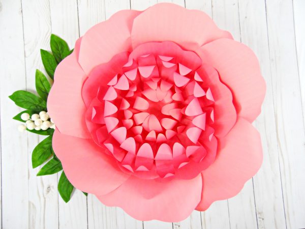 A pink paper Chrysanthemum flower with large pink Eden flower petals around the outside and faux green leaves. This full, gorgeous paper flower is perfect for Spring decorations.