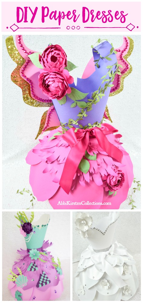 A collage of three images show three different paper dresses. The top image is a pink, purple, and gold fairy paper dress with pink roses. The bottom left is a purple and green Mermaid themed paper dress. The bottom right is an all white paper wedding dress with white paper flowers.