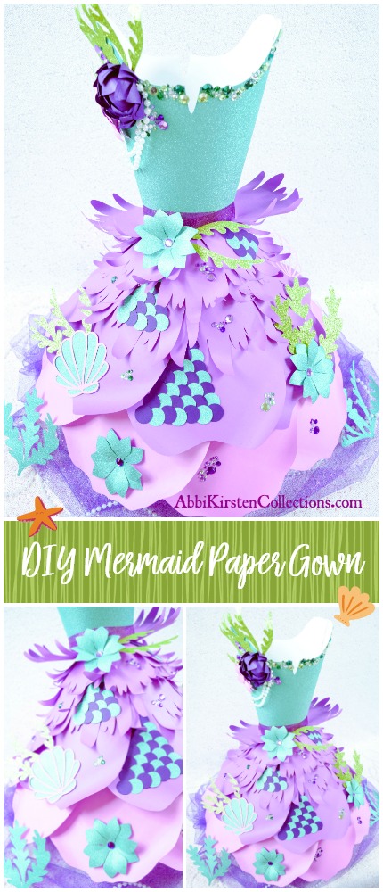 Three collaged images show different angles of a small Mermaid themed paper dress decorated with purple, green, and blue paper decorations.