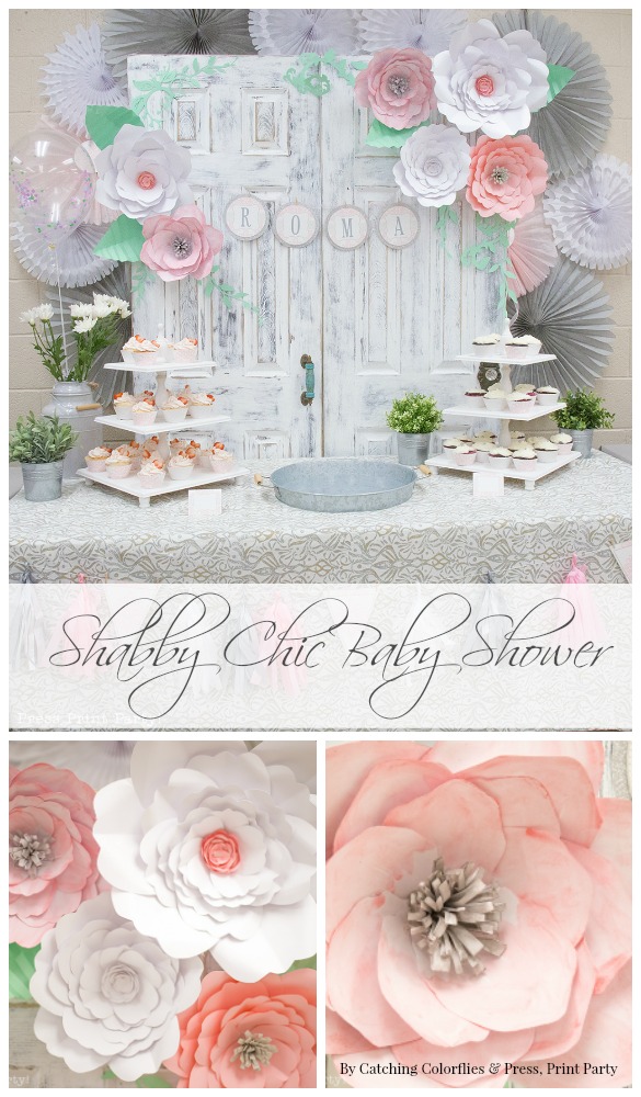 A three-picture graphic with a text box in the center. The top picture shows a decorated table for a baby shower with paper flowers and cupcake stands. The two pictures at the bottom are closeups of giant paper flowers. The center text reads, "Shabby Chic Baby Shower" in flourished cursive. 