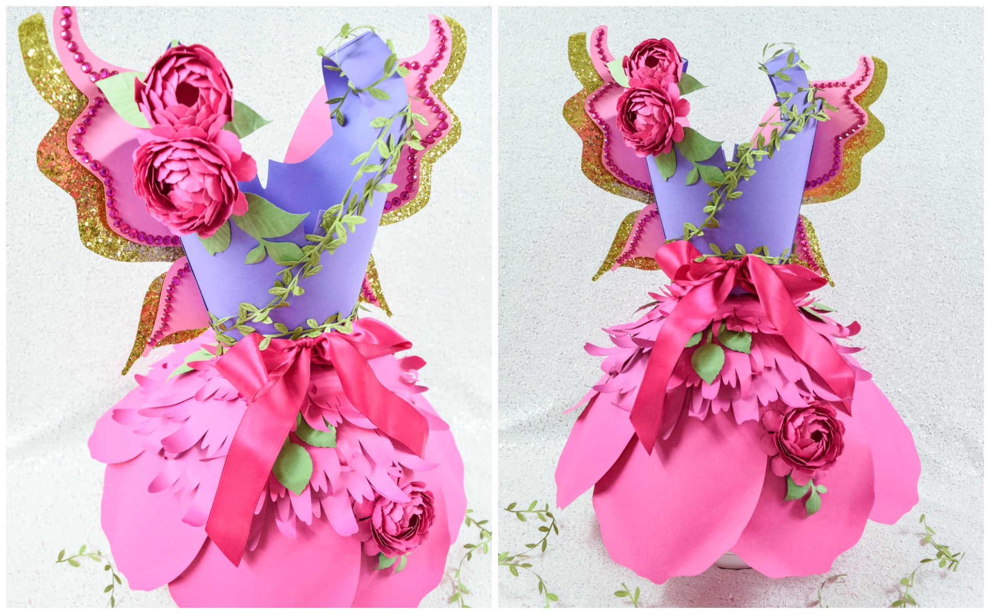 Two side by side images of a fairy themed paper dress, made with pink, blue, and gold paper and decorated with pink paper flowers.