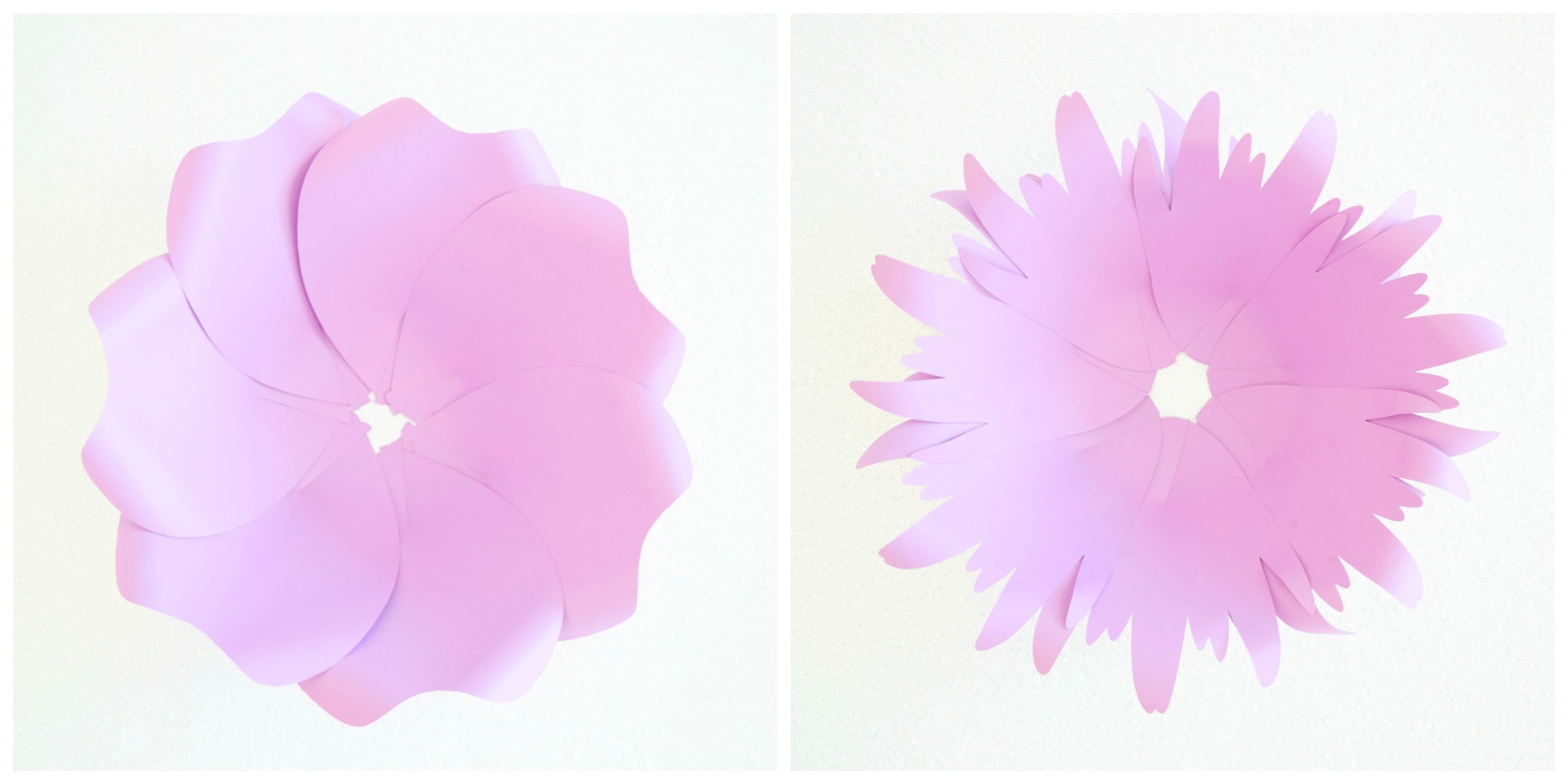 Two side by side images show how to make a paper dress skirt using two different size purple paper flower petals.