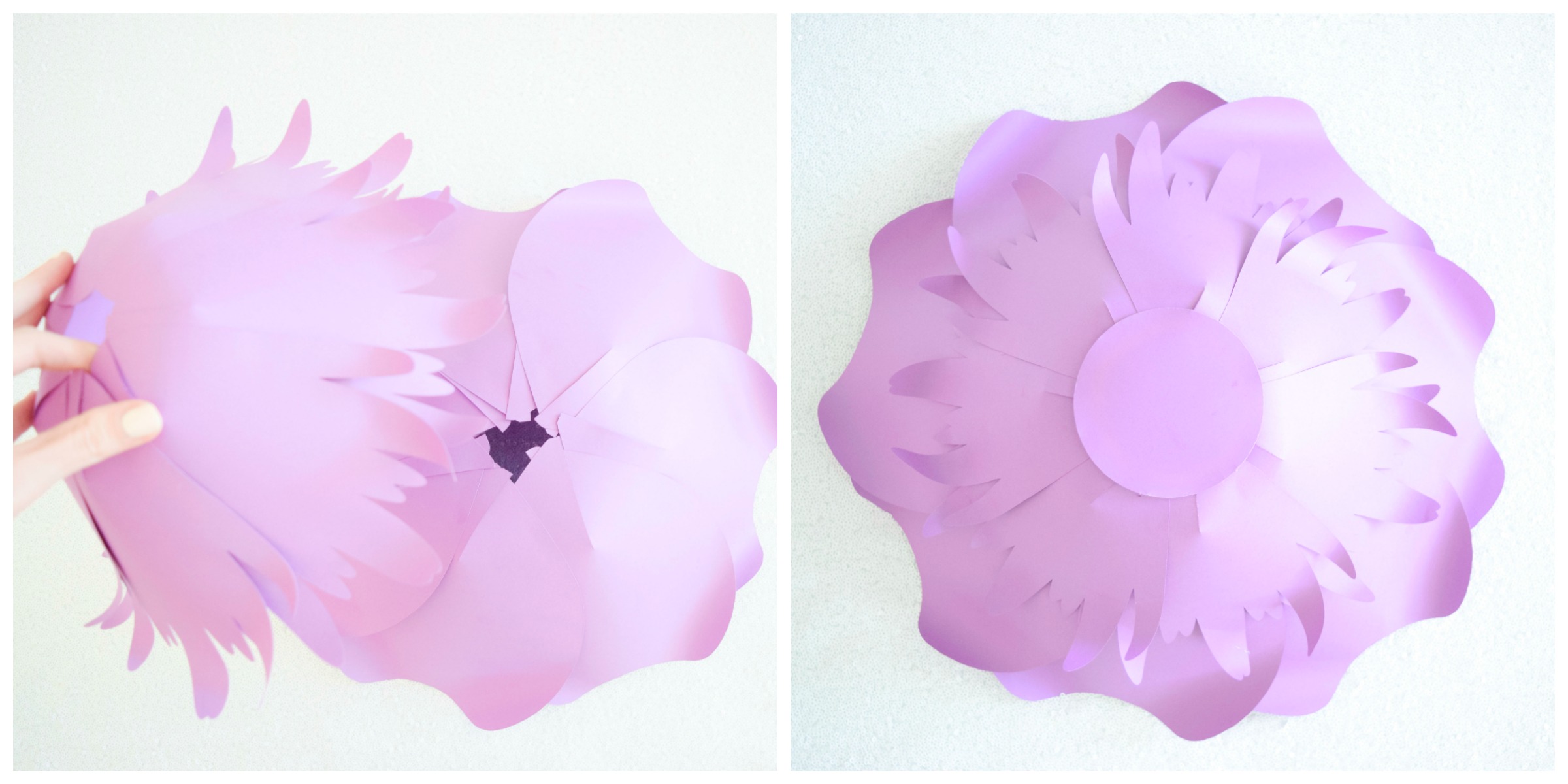 Side by side images show how to layer the multiple layers of the paper dress skirt, made with purple paper flower petals.