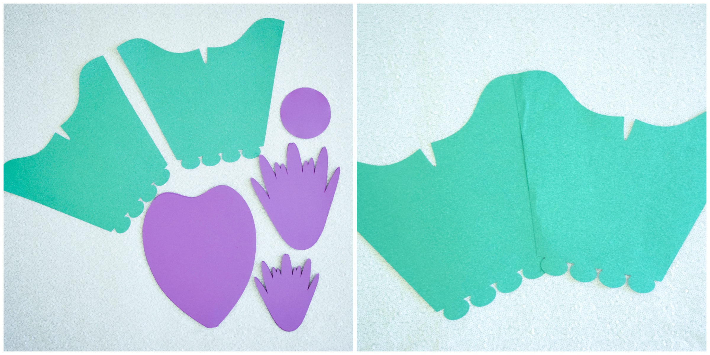 Two side-by-side images show a paper dress bodice template cut out from a seafoam green paper and purple paper.