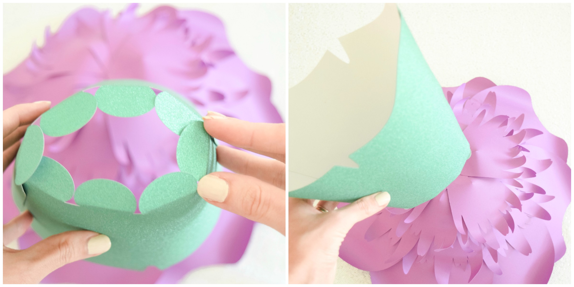 Twi side-by-side images show how to attach the green paper dress bodice to the purple paper skirt.