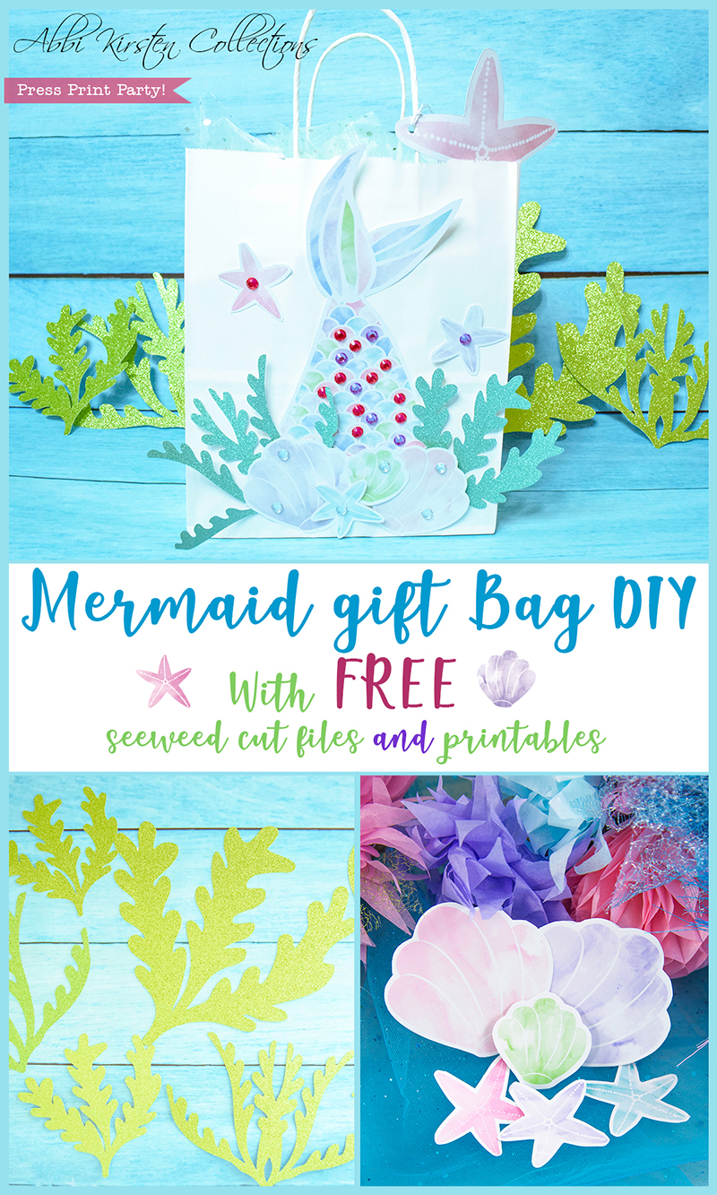 A collage of images showing the elements of DIY mermaid gift bags. The top image is a completed gift bag with a mermaid tail, coral, and sea stars in shades of blue and teal paper. The bottom images are paper accessories like green seaweed and pink and purple seashells and starfish. 
