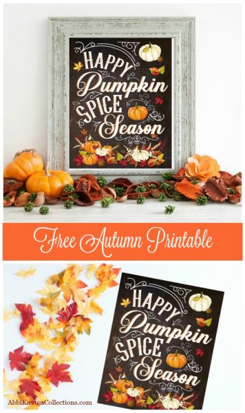 An orange stripe between two images of the "Happy Pumpkin Spice Season" free printable adorned with fall leaves and pumpkins. The phrase on the orange strip reads "Free Autumn Printable."