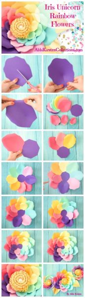 DIY Iris Unicorn Rainbow Flowers- a multiple photo graphic combining all the photos in the post into a step-by-step picture tutorial. The picture show how to take each color of petal and add them to the purple flower base in a color swirl perfect for a rainbow unicorn party. 