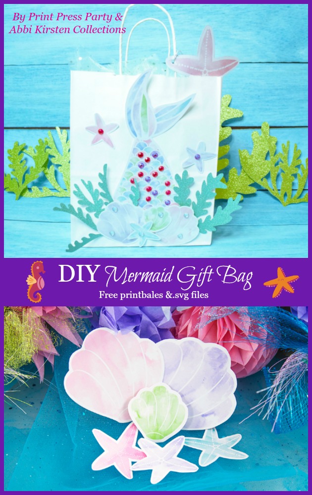 Two collaged images show the details of DIY mermaid gift bags created with under the sea themed paper cut outs. Image text in the center of the image reads "DIY mermaid gift bag printables and SVG files"